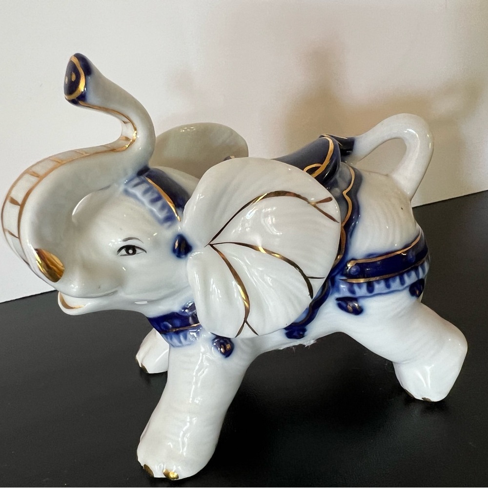 Blue and White Ceramic Elephant Figurine